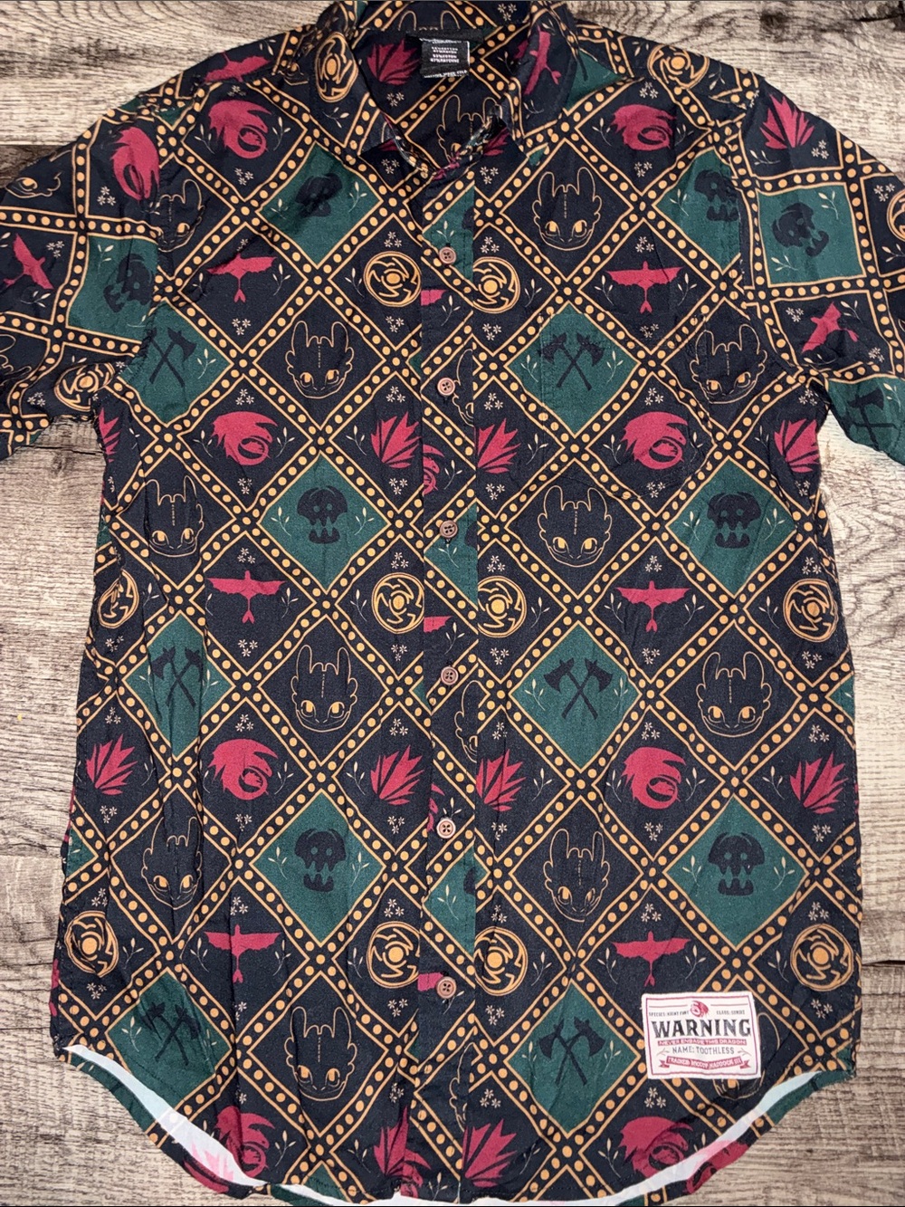 BoxLunch Men's How To Train Dragon Button-Up Shirt in Black, Green & Red Small
